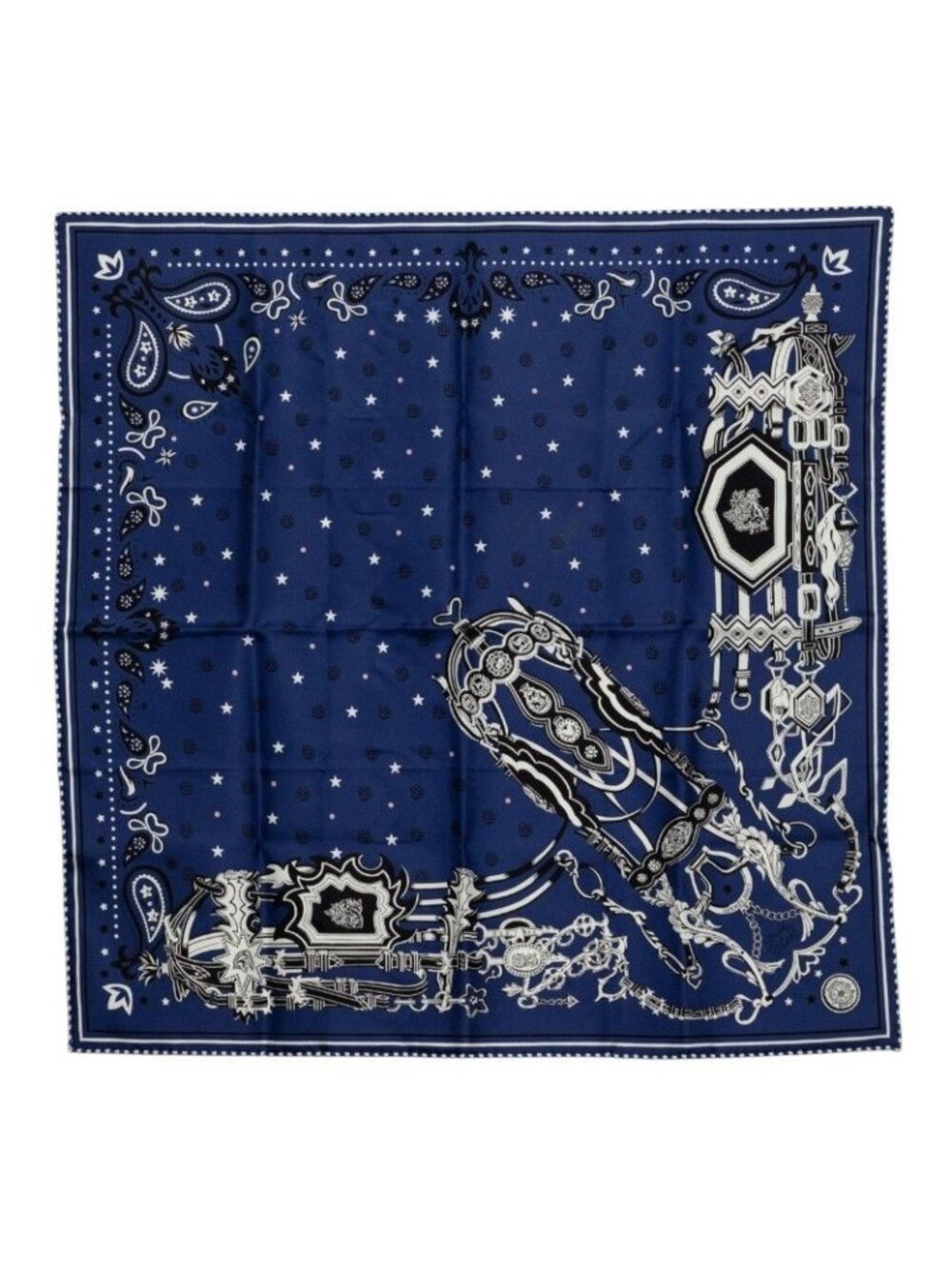Hermes Carre 55 Bridle Destin Bandana Scarf Navy Silk